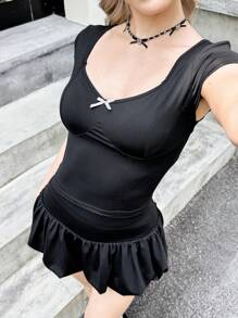 SHEIN 2pcs/Set Teen Girl's Casual Minimalist Puff Sleeve Crop Top And Mini Skirt Set - Black - View 4