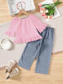 2pcs Young Girl Ruffled Open Shoulder Blouse Top And Pearl Embellished Denim Long Pants Set, Suitable For Everyday Summer Wear - Dusty Pink - View 2