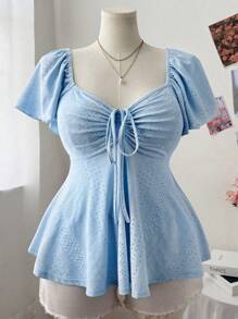 Ceyna Plus Size Women's Square Neck Cap Sleeve Textured Pullover T-Shirt, Casual Lovely And Elegant A-Line