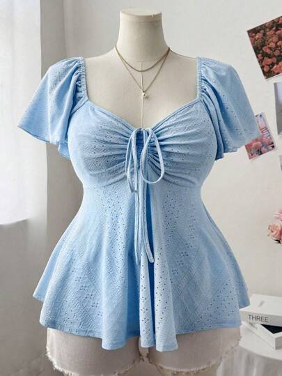 Sweetra Plus Size Women's Square Neck Cap Sleeve Textured Pullover T-Shirt, Casual Lovely And Elegant A-Line