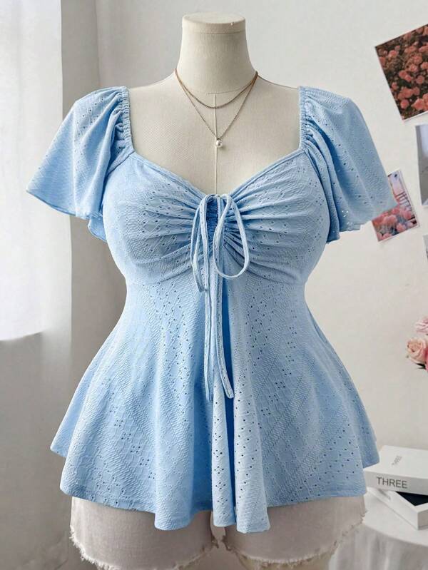 Sweetra Camiseta holgada de cuello cuadrado y mangas cortas con textura para mujer de talla grande, casual, bonita y elegante con línea A