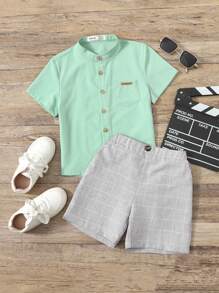 SHEIN Leap Crew Chàng trai trẻ Chi tiết vá Áo sơ mi & In Lưới Quần short - Nhiều màu - Xem 1