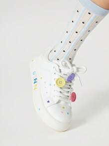 ROMWE Women's White Lace-Up Casual Sport Running Sneakers, Sweet Button Colorful Dabbing Small White Shoes, Polka Dot Platform Wedge & Thick Sole Flats - White - View 3
