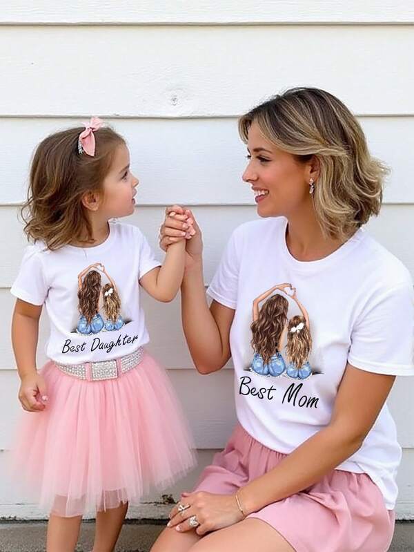 SHEIN LUNE Tricou casual cu mânecă scurtă pentru mamă și mini cu litere asortate, cu decolteu rotund, potrivit pentru vară