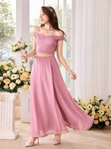 SHEIN 2pcs/Set Teenager Girl Lotus Pink Lace Sheer Shoulder Top And Chiffon Skirt, Suitable For Festival, Party, Elegant, Wedding, Back To School, Graduation