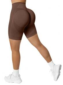 Easithlete Women's Solid Color High Waist Seamless Elastic Sports Shorts - Brown - View 5