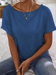 EMERY ROSE Women's Solid Color Asymmetric Neck Casual Short Sleeve T-Shirt - Blue - View 3