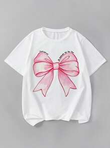 2pcs/Set Teen Girls Pink Bow White Crew Neck Short Sleeve T-Shirt And Grey Bow Print Knit Snug Fit Flared Pants Set - Multicolor - View 4