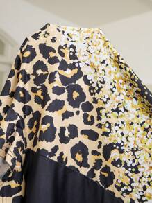 Plus Size Leopard Print Contrast Color Sleepwear Set