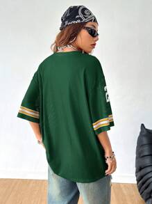 Coolane Camiseta de manga corta con cuello en V suelto, estampado de letras y hombros caídos, casual para mujeres, camiseta gráfica de verano