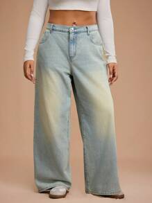 Forever 21 Plus Size Women's Pocketed Wide Leg Loose Casual Versatile Jeans