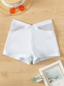 Swim Vcay Vacation Beach Solid Color Mesh Insert Bikini Bottom For Summer