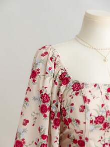 SHEIN WYWH 大码女式方领复古花卉印花灯笼袖衬衫，适合假期、秋冬季 - 彩色 - 查看 6