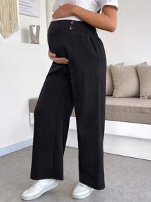 SHEIN Quần dài thời trang đơn giản màu trơn cho bà bầu, phù hợp cho mùa hè - màu đen - Xem 5