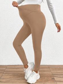SHEIN Maternity Solid Color Simple Stylish Leggings, Suitable For Summer - Camel - View 3