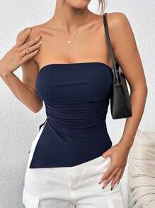 SHEIN PETITE Women Pleated Split Strapless Black Cropped Tube Top - Navy Blue - View 6