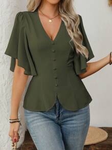 SHEIN Clasi Áo cánh chữ A dáng chữ A thanh lịch kiểu Pháp đi làm thường ngày cho nữ mùa xuân và mùa hè, màu trơn, cổ chữ V, cài nút, trang trí, tay loe, eo bó - màu xanh lá - Xem 6