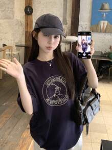 DAZY Women's Round Neck Printed Short Sleeve Casual T-Shirt, Minimalist Daily Wear Summer Oversized T-Shirt