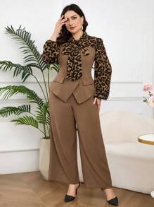 Modelyn Plus Size 2pcs Set Leopard Print Long Sleeve Shirt & Pants, Casual Simple Fashion Everyday Wear - Multicolor - View 4