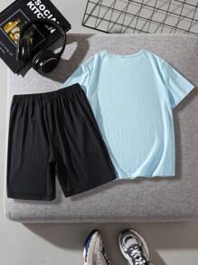 2pcs Tween Boys Casual Basic Crew Neck Short Sleeve T-Shirt & Shorts Set, Suitable For Summer - Baby Blue - View 2