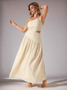 SHEIN VCAY Váy xếp nếp hở lưng buộc dây chéo cỡ lớn cho nữ - Màu Khaki - Xem 6
