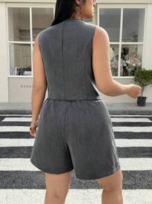 SHEIN EZwear 2pcs Plus Size Gray Waistcoat & Shorts Suit Set - Grey - View 2