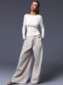 MUSERA Ribbed Slash Neck Long Sleeve Top Casual Airport Holiday Fall Back To School Autumn Winter ,Elegant Spring Summer - White - View 4