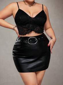 SHEIN ICON 大码宽腰带装饰紧身半身裙搭配吊带短款上衣 - 黑色 - 查看 7