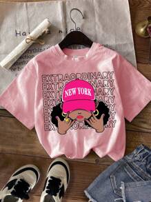 SHEIN Tween Girls Casual Cartoon Print Multiple Pieces T-Shirts, Suitable For Summer