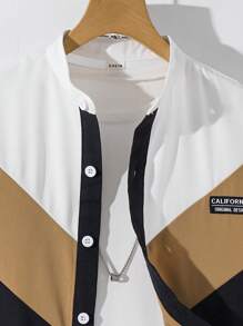 2pcs/Set Tween Boy Casual Patchwork Contrast Color Short Sleeve Stand Collar Shirt And Elastic Waist Pocket Shorts Outfit, Suitable For Autumn, Spring, Summer, Outdoor Play, School, Street Style, Party, And Leisure - Multicolor - View 8