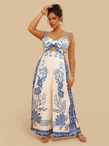 Travachic Plus Size Women Holiday Casual Blue Tropical Retro Print Front Twist Hollow Spaghetti Strap Long Jumpsuits With Pockets - Blue - View 4
