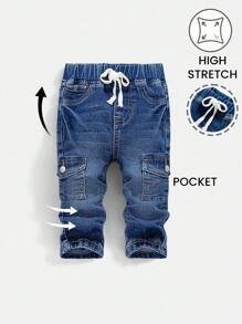 SHEIN 男婴春夏休闲柔软猫须水洗紧身蓝色牛仔工装裤带侧袋，婴儿春夏装春假装街头装 - 深色水洗藍 - 查看 1