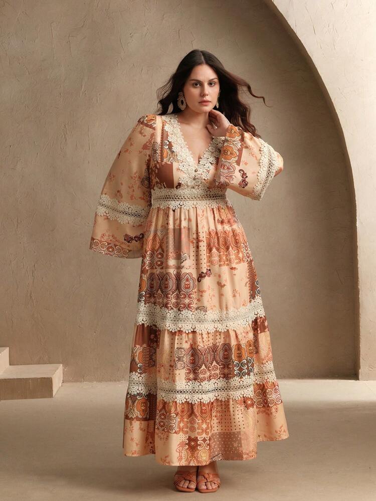 Elegant Vintage Floral Print Lace Patchwork Long Sleeve Dress, Suitable For Spring/Summer, Festival, Holiday, Easter, Beach