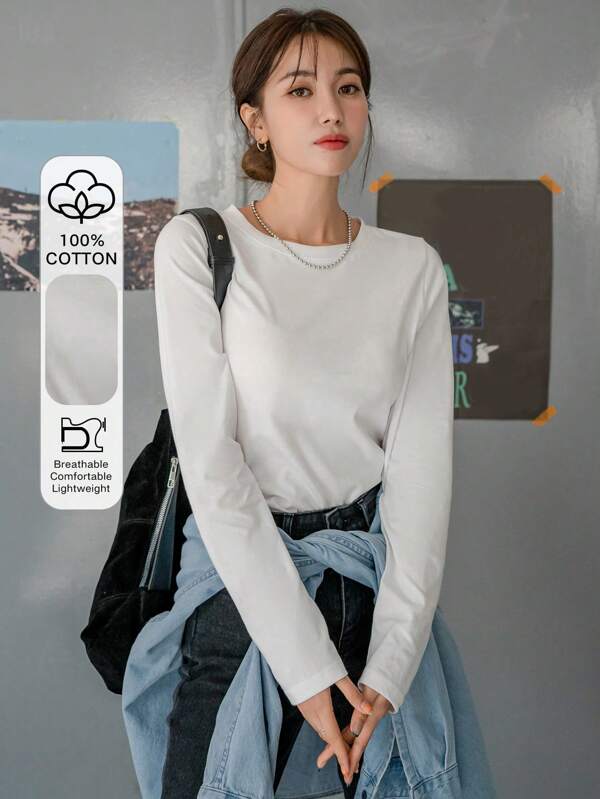 DAZY Solid Round Neck Tee,Fall Clothes Long Sleeve Women Tops