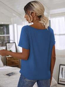 EMERY ROSE Women's Solid Color Asymmetric Neck Casual Short Sleeve T-Shirt - Blue - View 2