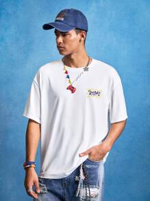 Nick 90s | SHEIN 男士休闲宽松针织卡通人物印花白色短袖T恤