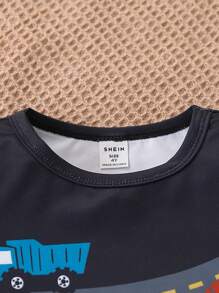 SHEIN Young Boy Snug Fit Short Sleeve And Long Pants Pajama Set Pj Sets For Kids Underwear Sleepwear Kids Sets For Kids Cars, Excavators