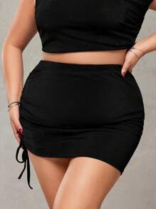 SHEIN ICON Plus Size Black Asymmetrical Hem Pleated Drawstring Waist Net Mesh Skirt - Black - View 5