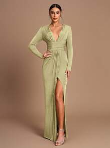 SHEIN Belle Vestido de dama de honor de punto de manga larga, con corte recto, abertura lateral y cintura fruncida, en un elegante y romántico color café