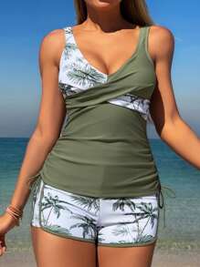 Swim Lushoire Springbreak 女士海滩度假热带植物印花休闲平角短裤包容吊带比基尼泳装 - 橄欖綠 - 查看 3