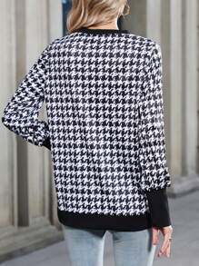 Houndstooth Patchwork Long Sleeve Casual Top, Autumn/Spring Fall Cloth For Women - Black - View 2