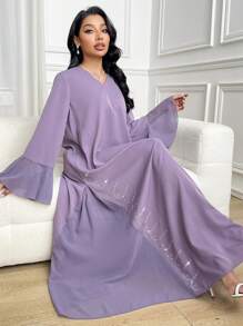 Al Najma Vestido largo tradicional y modesto de mujer con mangas de campana y decoración de brillantes