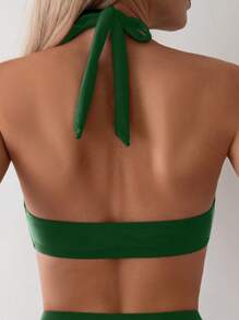 SHEIN Swim Women's Solid Color Strappy Cutout Backless Halter Bikini Top, Summer Beach