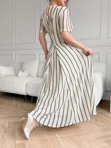 Feyla Vestido feminino elegante com listras e cintura franzida, adequado para deslocamento diário - Preto e Branco - Ver 5