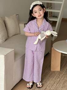Dazy Kids Young Girl Fall Clothes Girl (Small) Plaid Short Sleeve Pants Pajama Set, Spring/Summer - Purple - View 5