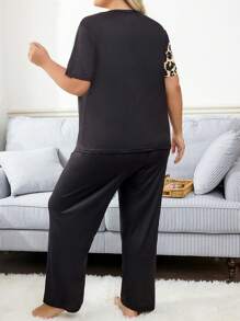Plus Size Leopard Print Contrast Color Sleepwear Set