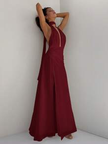 Aloruh Women's Deep V-Neck Backless Dress, Chiffon Flowing Ruffle Tie Waist A-Line Long Suitable For Weddings, Parties, Vacations, Spring/Summer Burgundy - Burgundy - View 4
