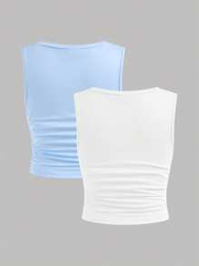 SHEIN Girlism 2 件套 Tween 女童休闲修身舒适方领吊带背心