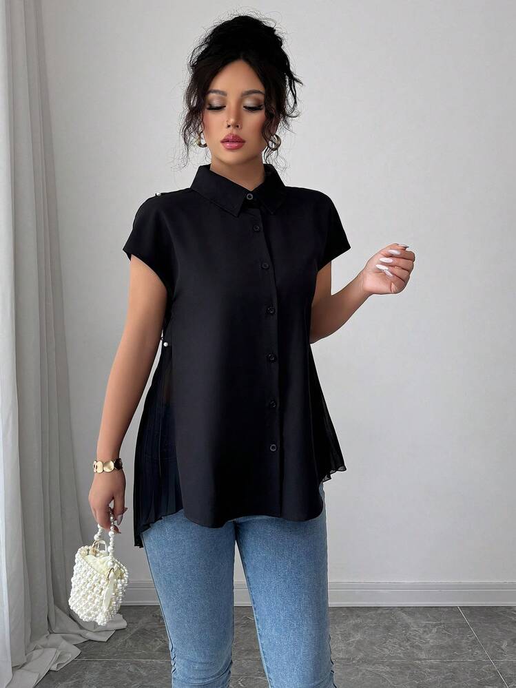 Elenzga Women's Asymmetrical Hem Cape Design Blouse, 2025 New Collection - Black - View 7