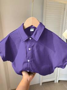 SHEIN 1 pieza Camisa de manga de murciélago con patrón de letras versátil, cómoda y casual para niños, apta para primavera y verano - Morado - Ver 2